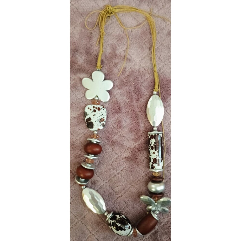 28" Boho Beaded Statement Necklace Adjustable Cord Brown White Speckled Beads